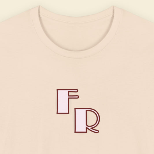Beige t-shirt with 'FR' initials on a beige background