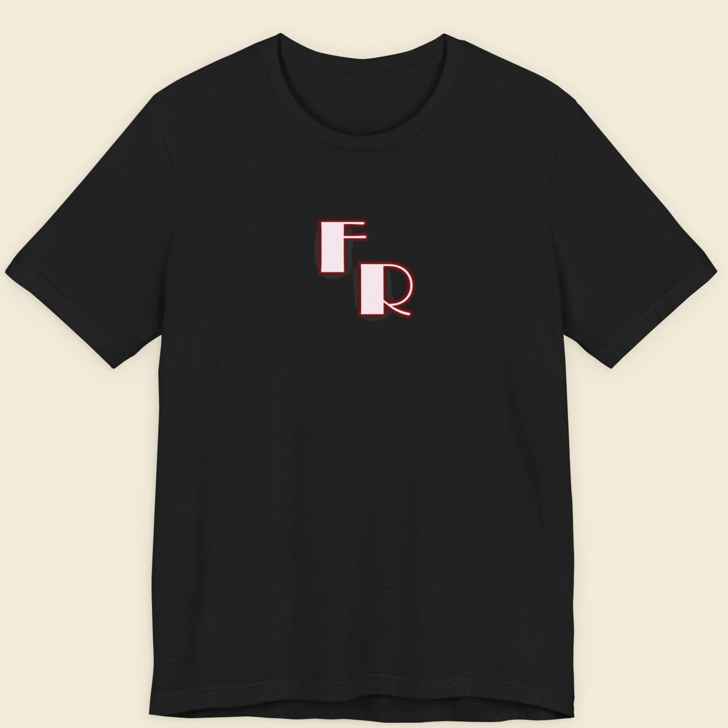 Black t-shirt with red 'FR' logo on a beige background