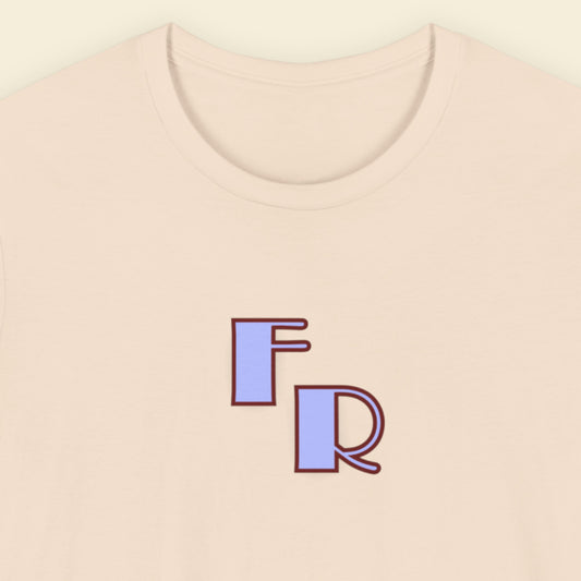 Beige t-shirt with 'FR' initials on a beige background