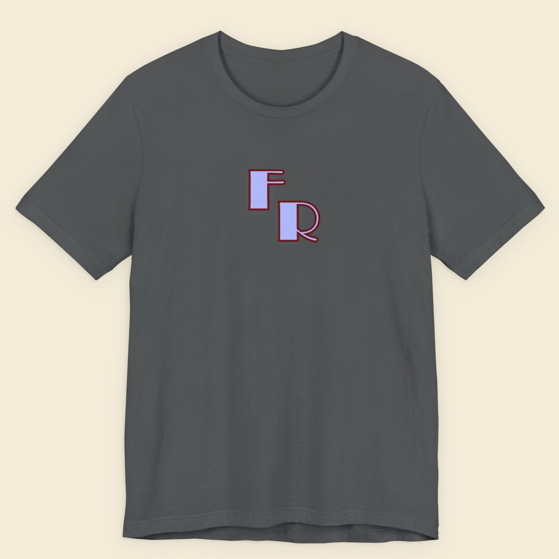 Gray t-shirt with 'FR' logo on a beige background