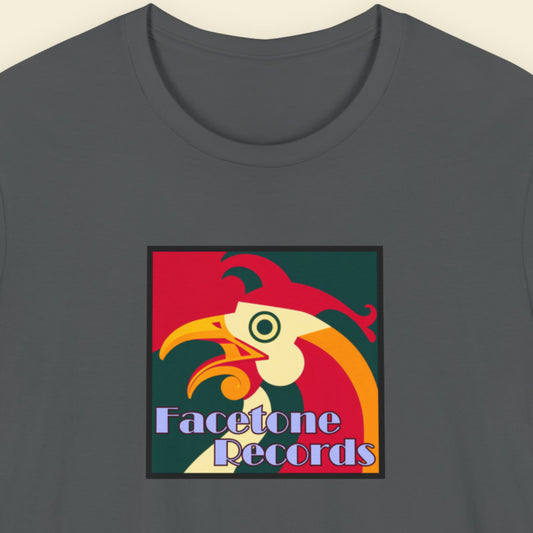 Gray t-shirt with a colorful rooster graphic and 'Facetone Records' text on a beige background