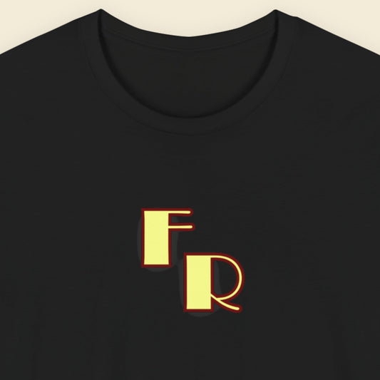 Black t-shirt with yellow 'FR' logo on a beige background