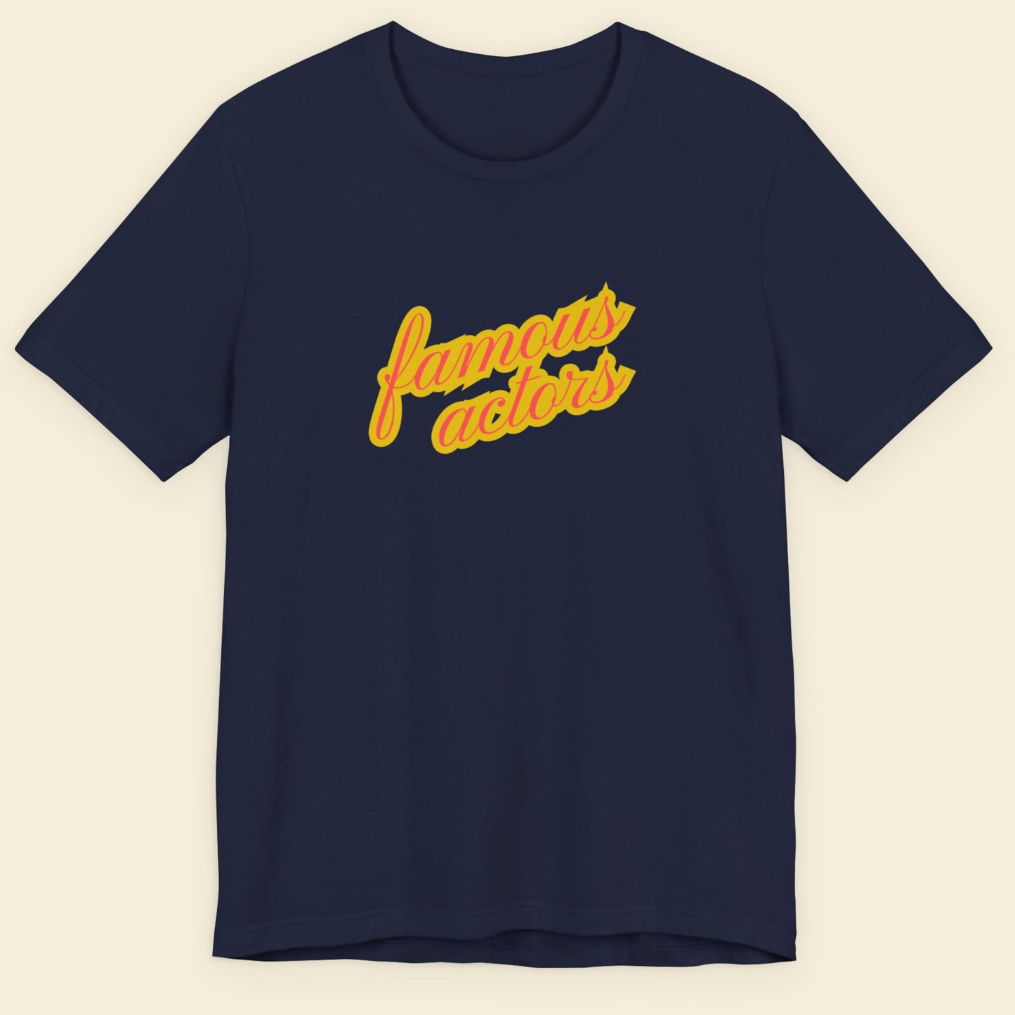 Navy blue t-shirt with yellow text 'famous actors' on a beige background