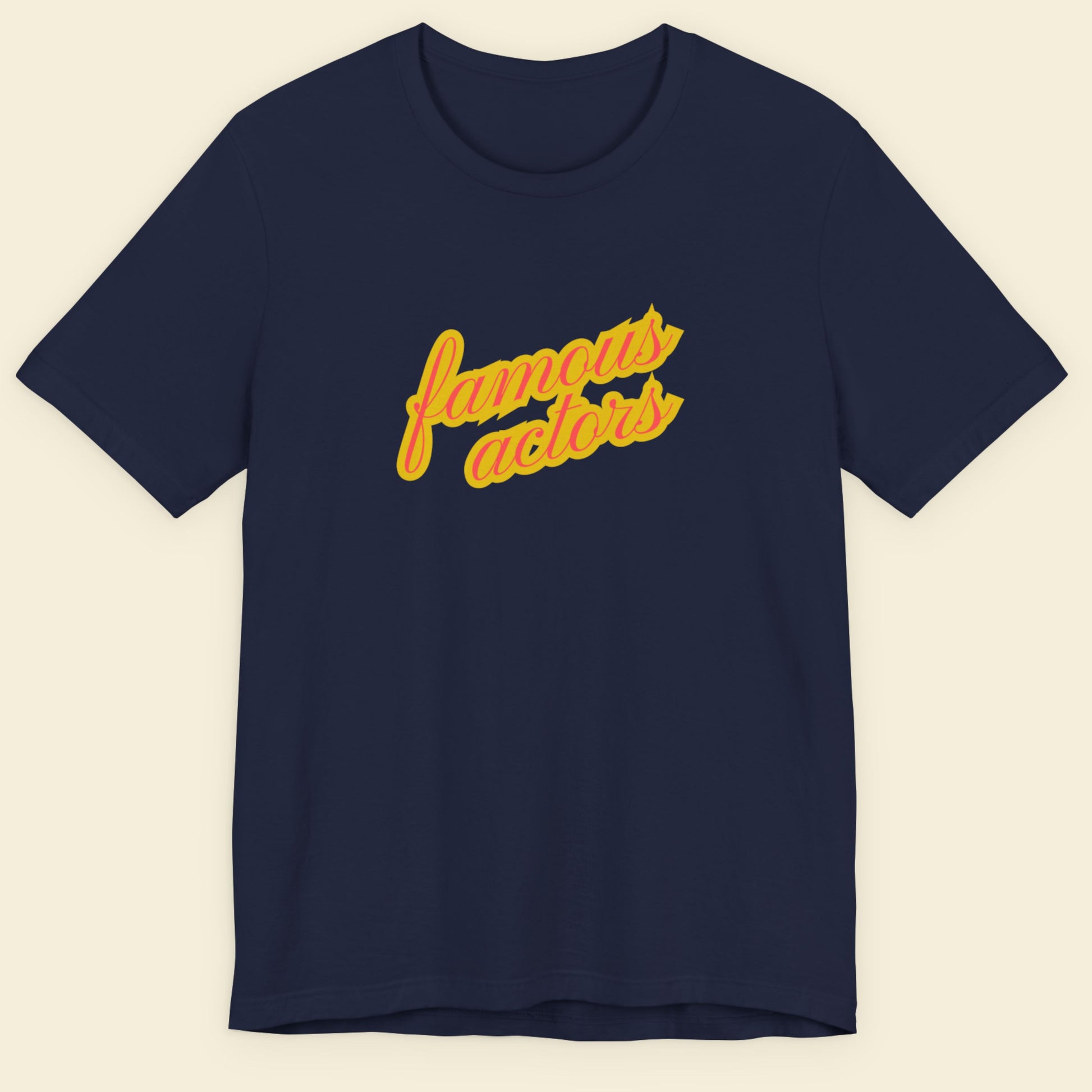 Navy blue t-shirt with yellow text 'famous actors' on a beige background