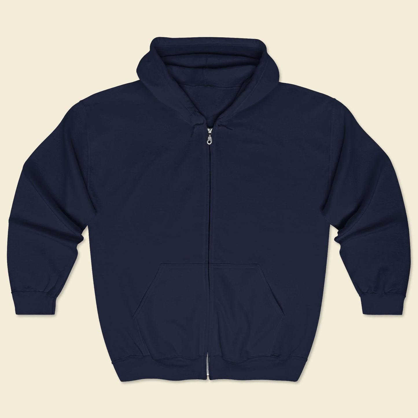 Navy blue hoodie on a beige background.