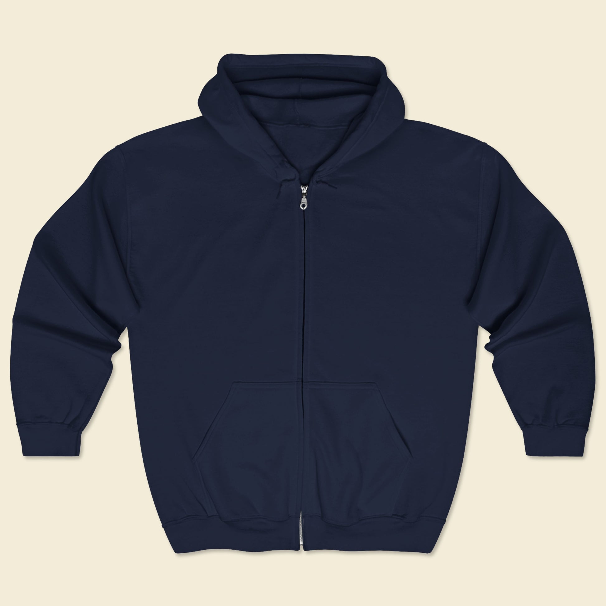 Navy blue hoodie on a beige background.