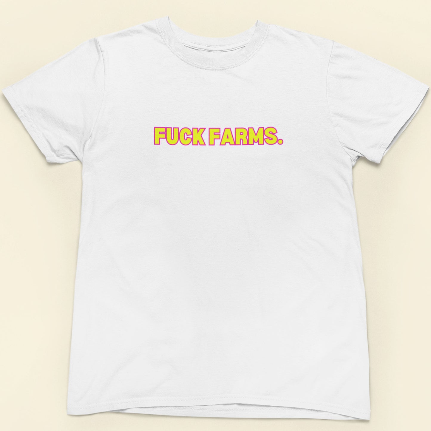 White t-shirt with 'FUCK FARMS.' printed in yellow on a beige background