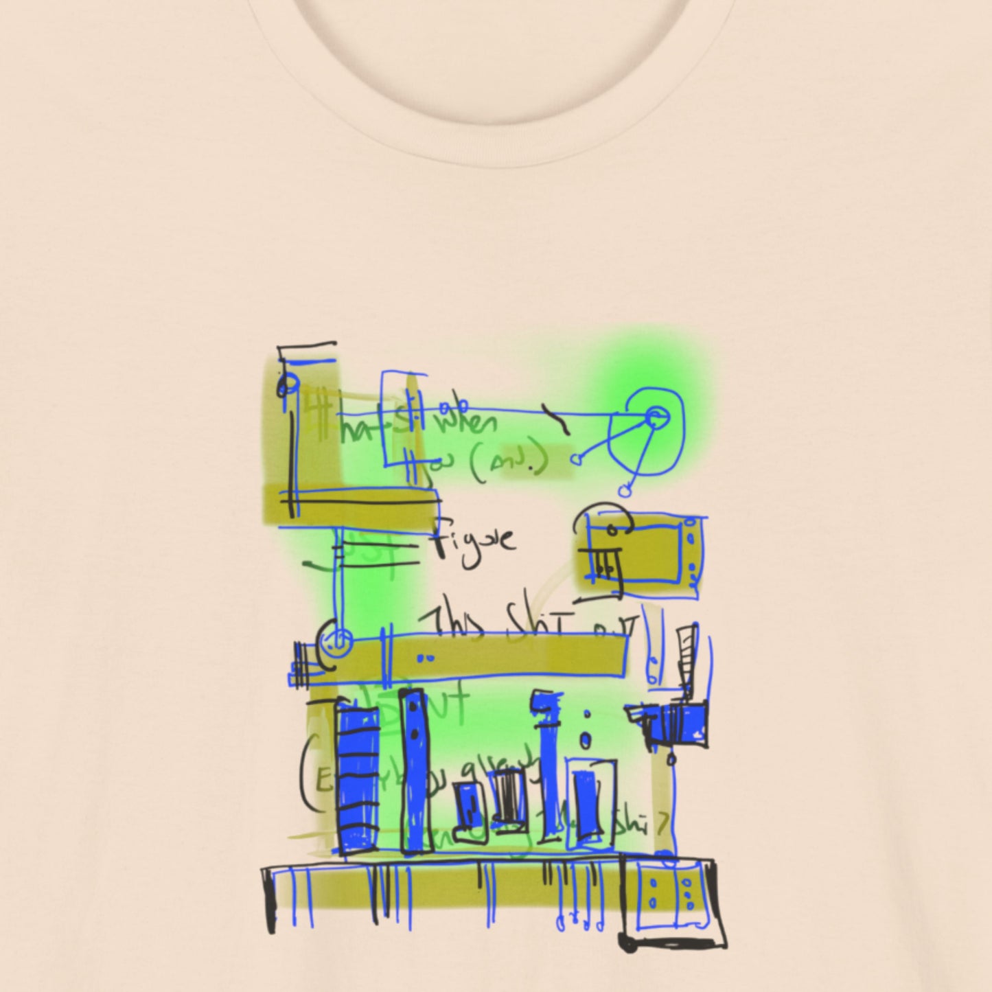 Beige t-shirt with a colorful abstract system drawing.