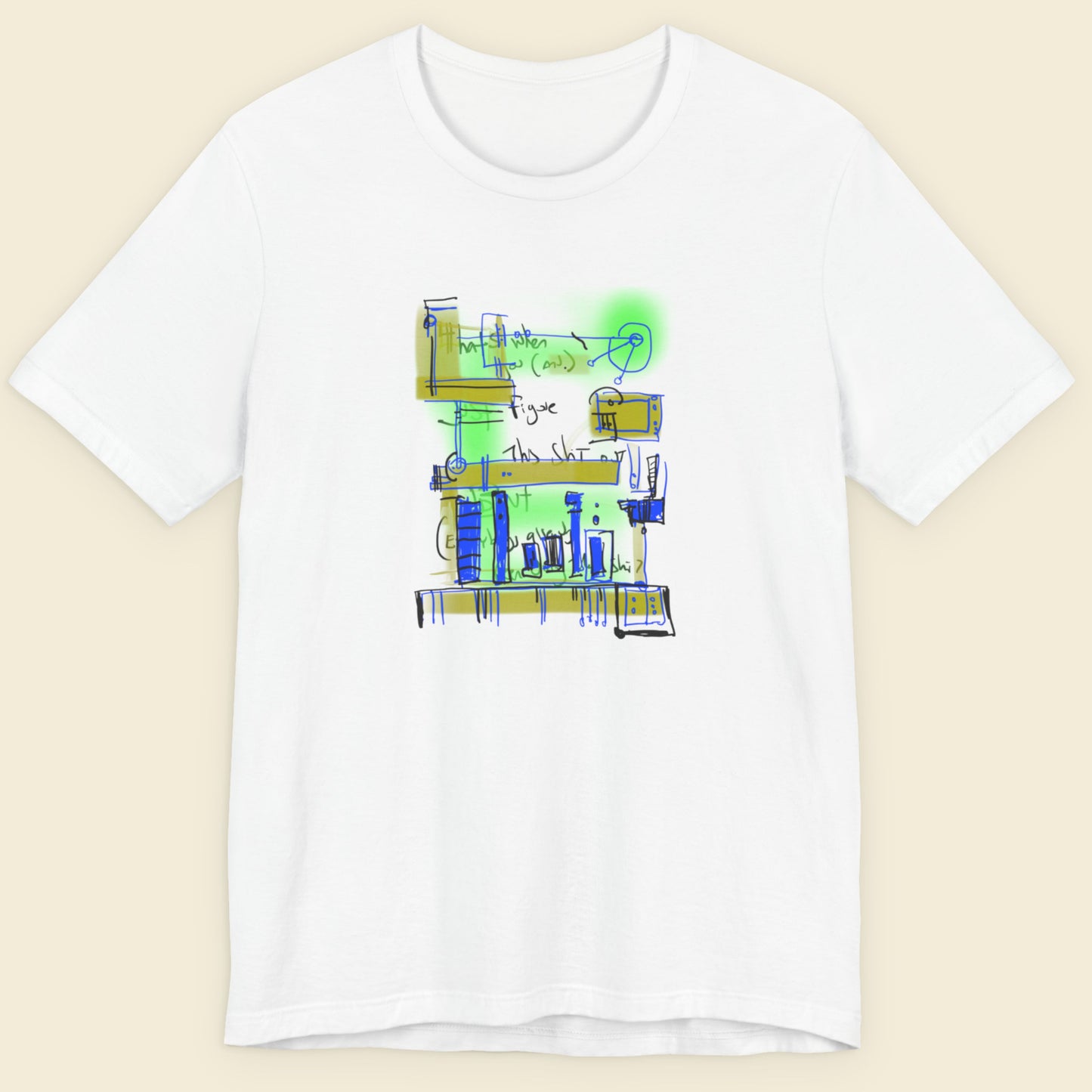 White t-shirt with a colorful abstract system drawing on a beige background.