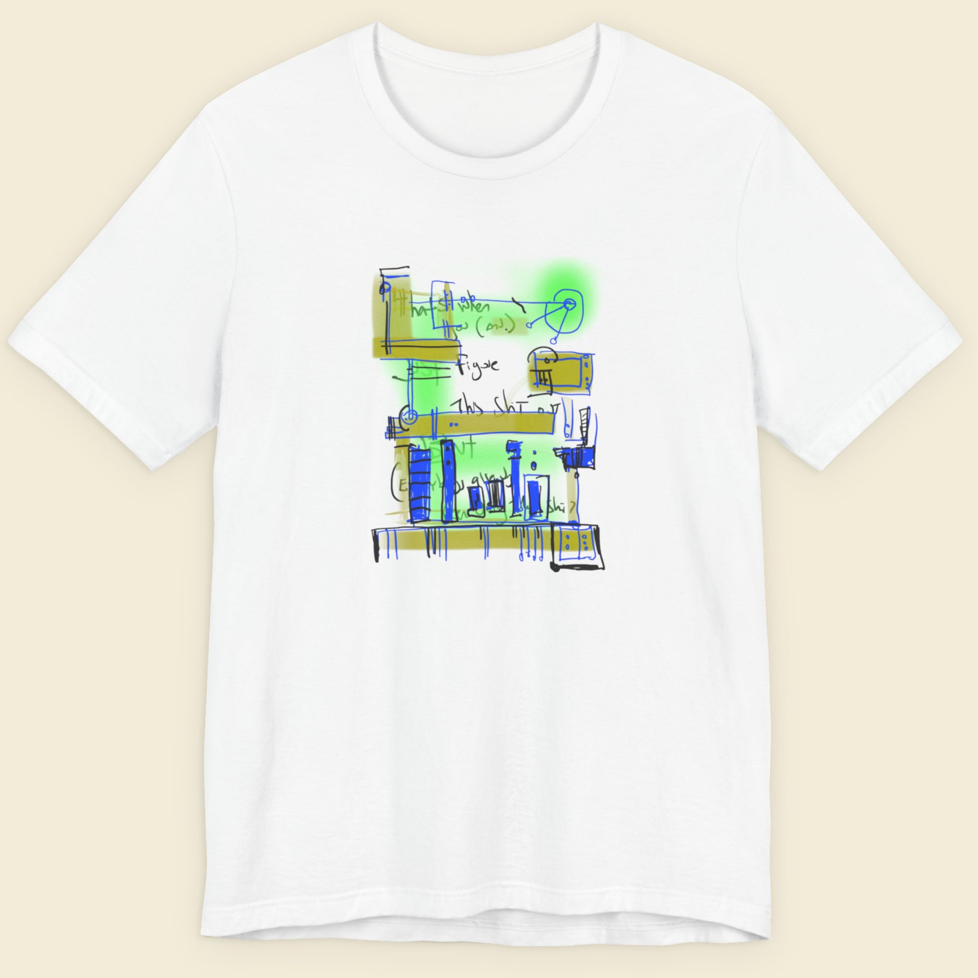White t-shirt with a colorful abstract system drawing on a beige background.