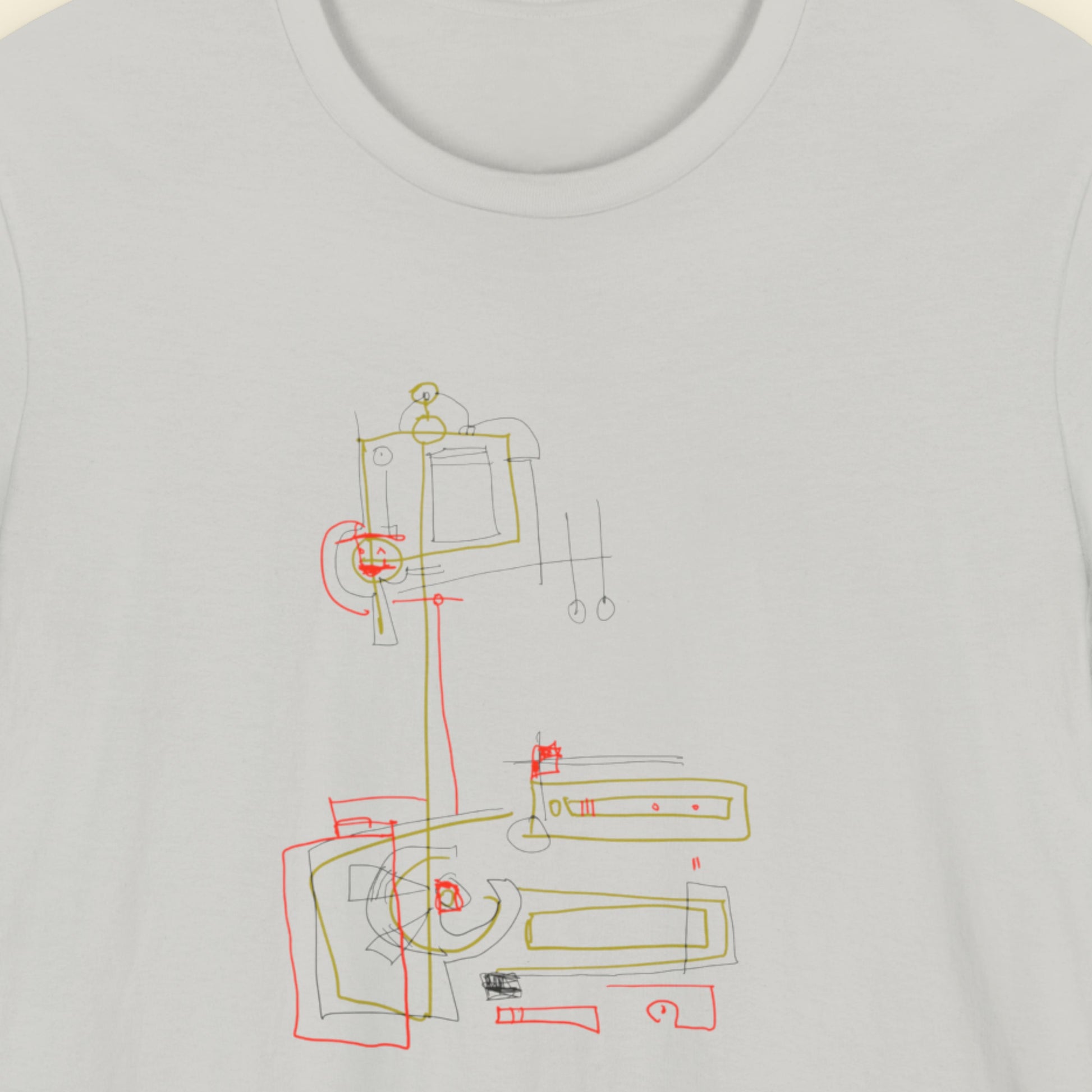 Light grey t-shirt with a colorful abstract drawing on a beige background.