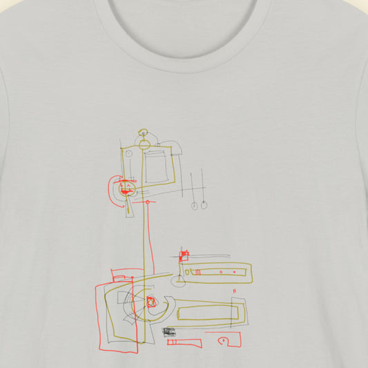 Light grey t-shirt with a colorful abstract drawing on a beige background.