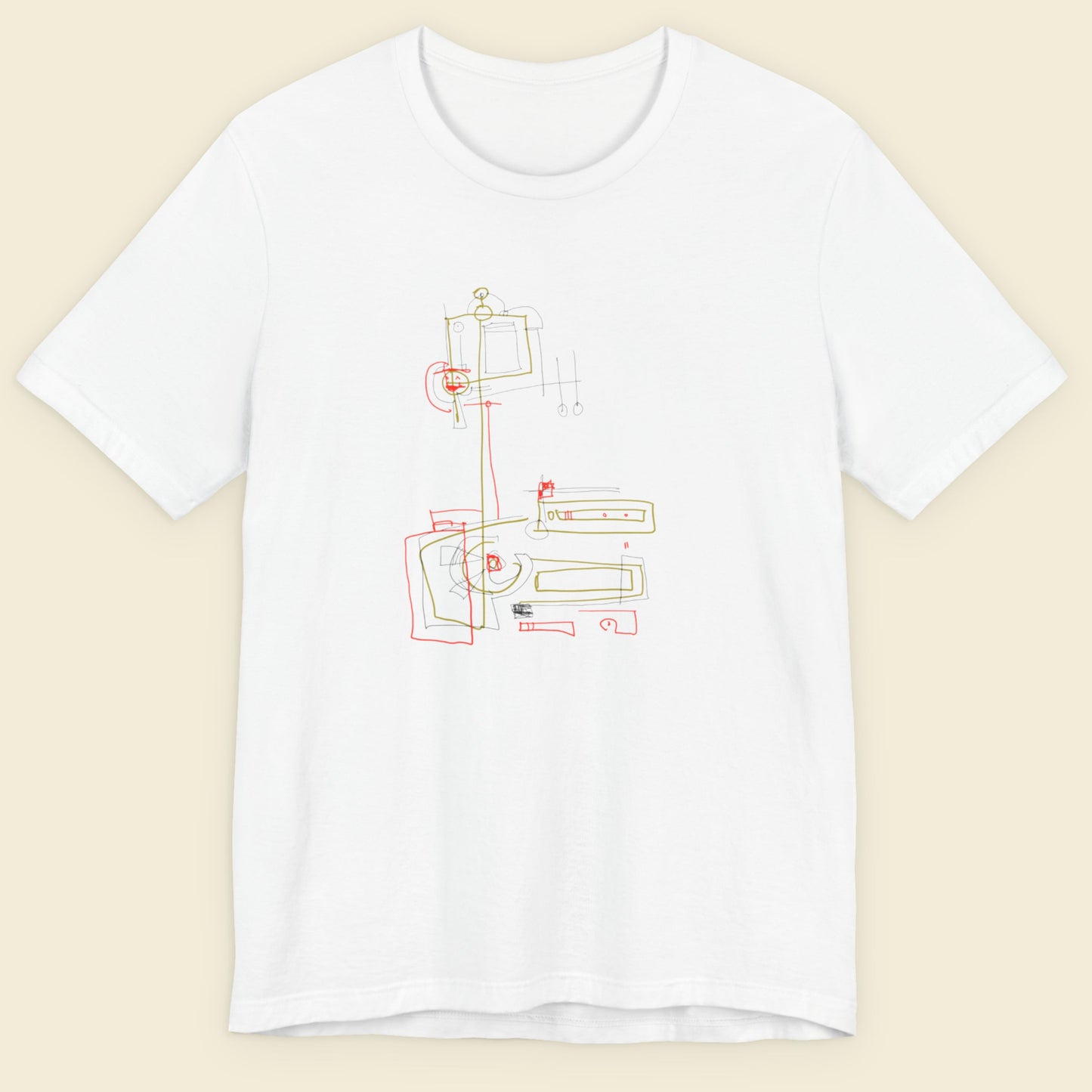 White t-shirt with a colorful abstract drawing on a beige background.