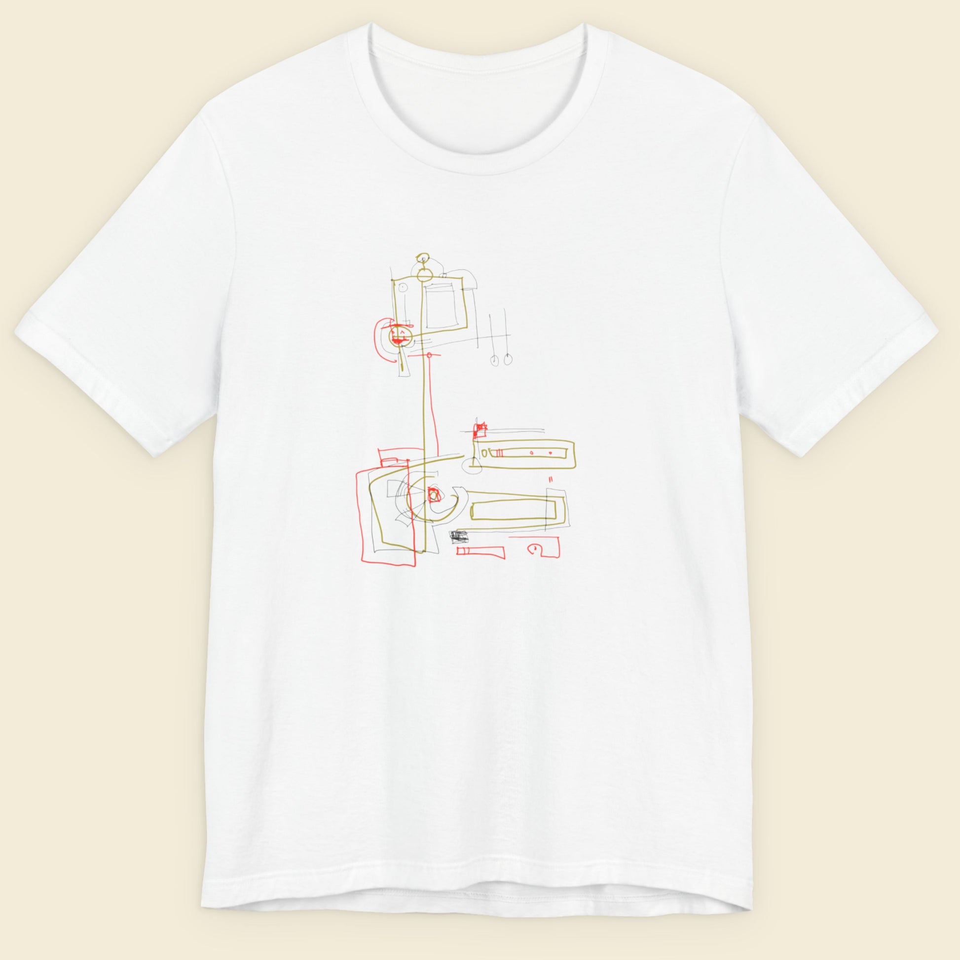 White t-shirt with a colorful abstract drawing on a beige background.