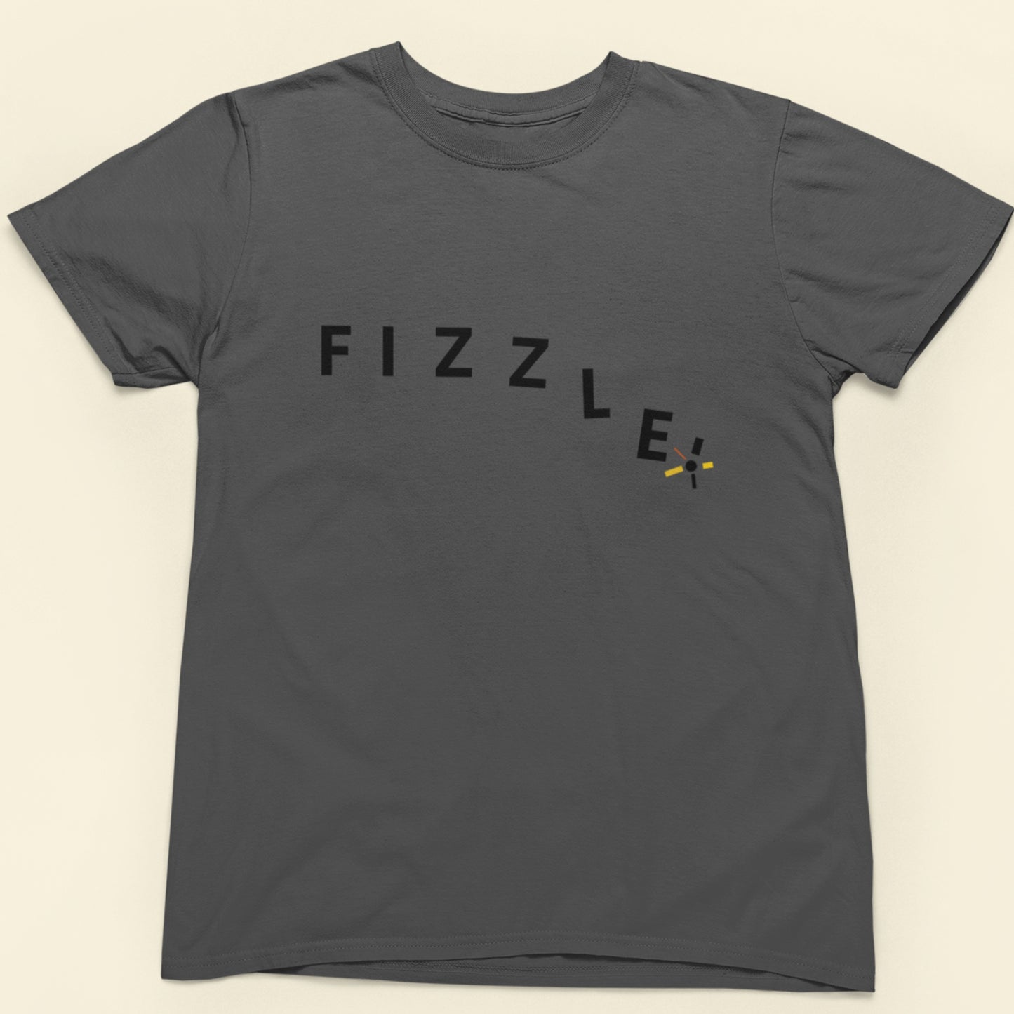 Asphalt grey shirt with fizzle written in a descending manner