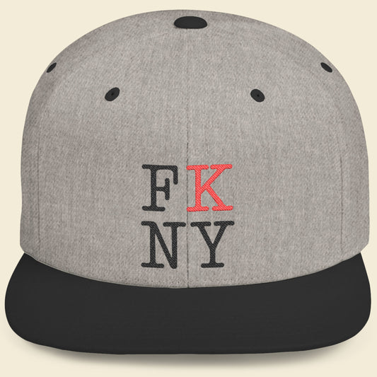 Gray cap with black and red FK NY text on a beige background.