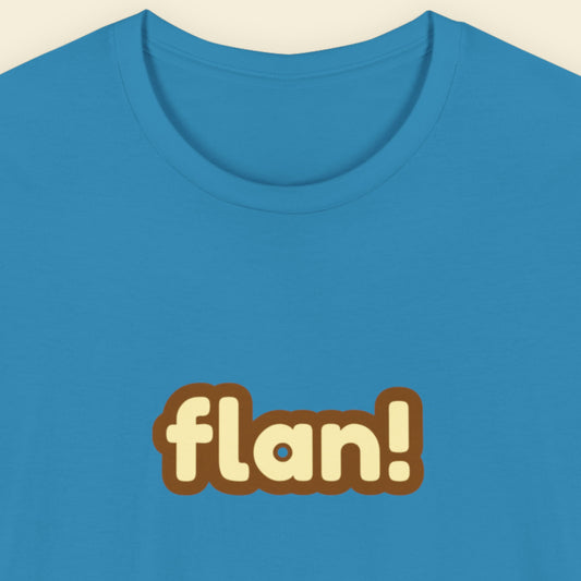 Aqua blue shirt with humorous colorful text on a beige background.