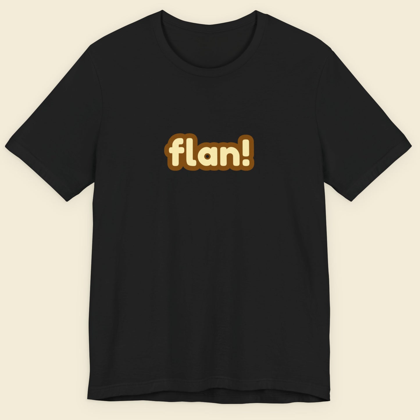 Black t-shirt with 'flan!' text on a beige background