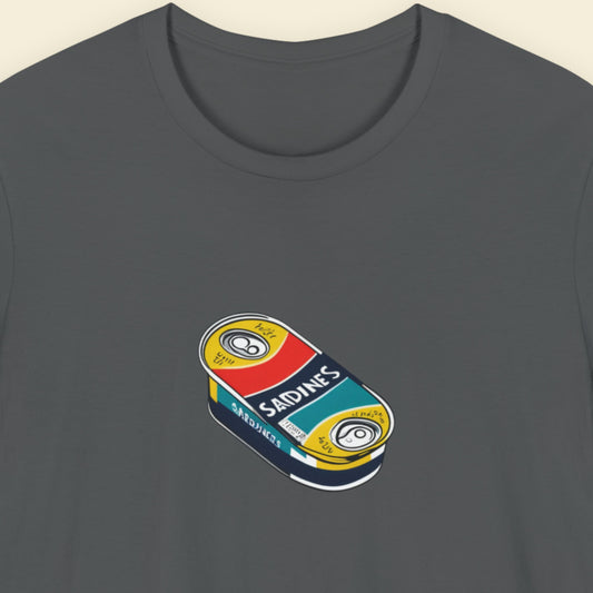 Dark grey shirt with an illustration of a flat can of sardines