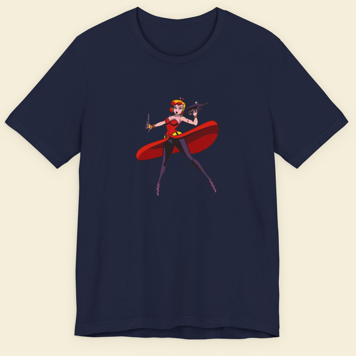 Navy blue t-shirt with a fun, colorful cartoon comic book illustration on a beige background.