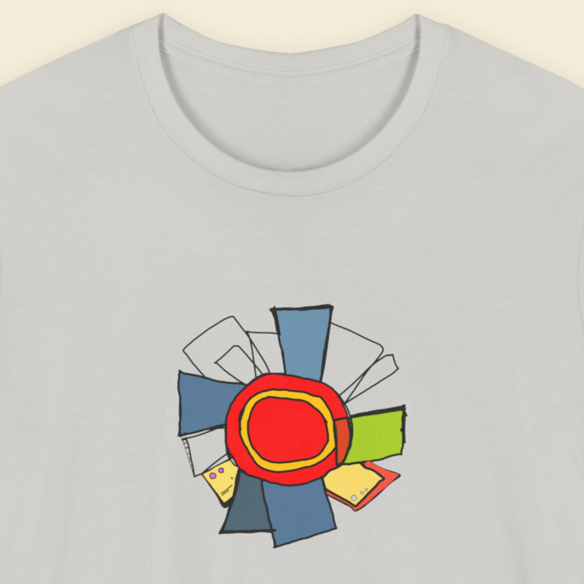 Grey t-shirt with a colorful abstract diagram drawing on a beige background.