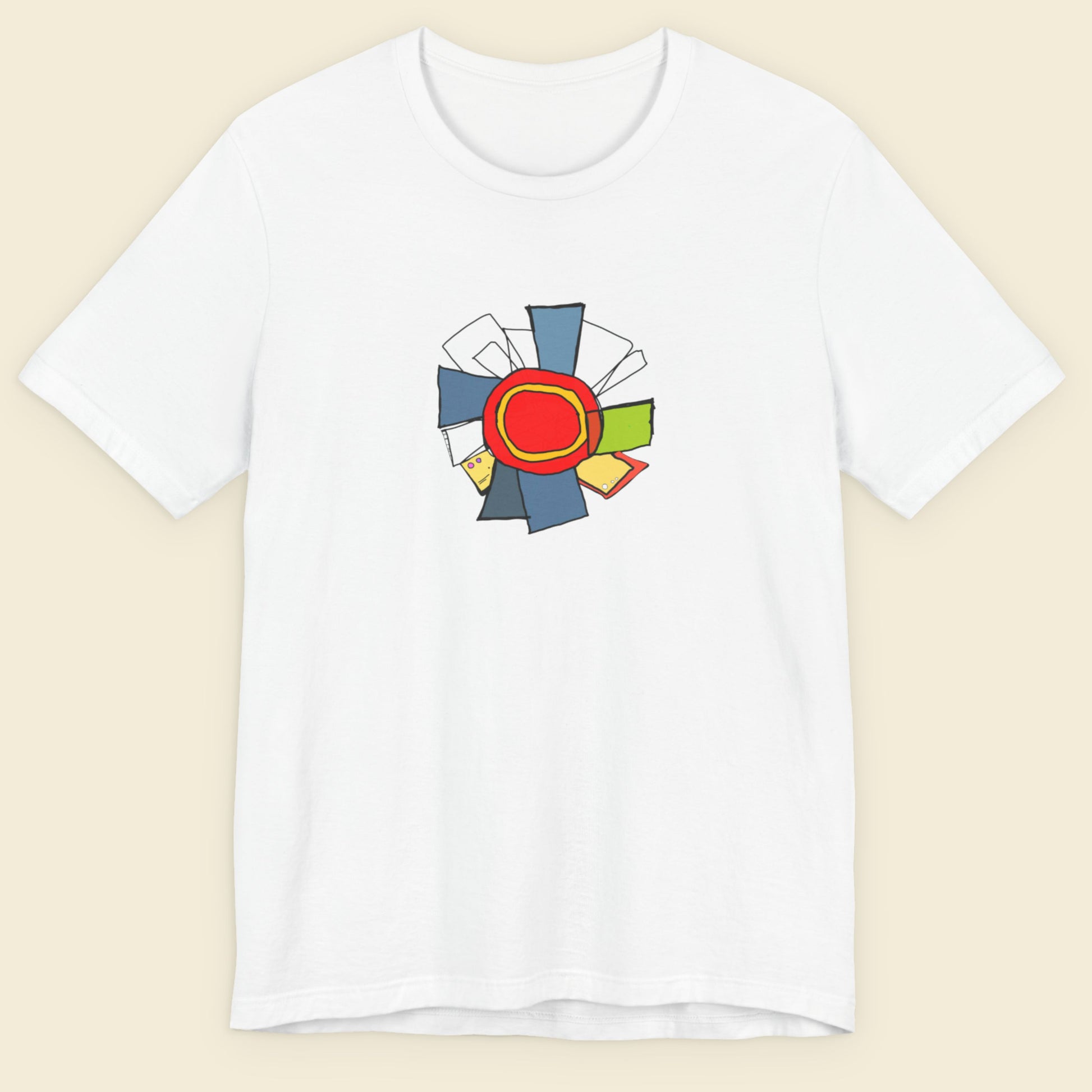 White t-shirt with a colorful abstract diagram drawing on a beige background.