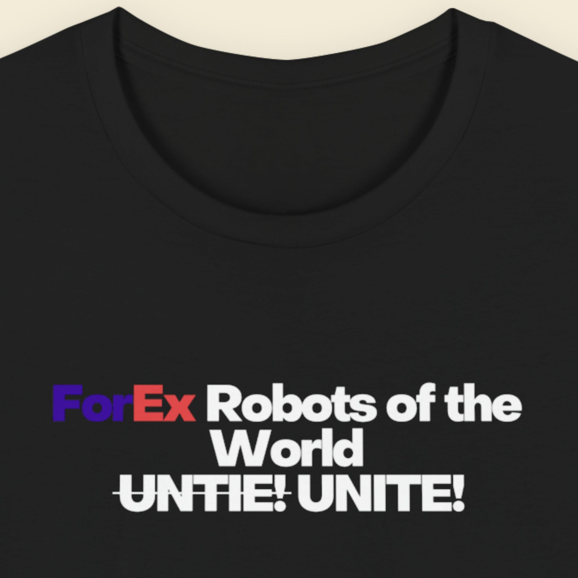 Black t-shirt with humorous colorful text on a beige background.