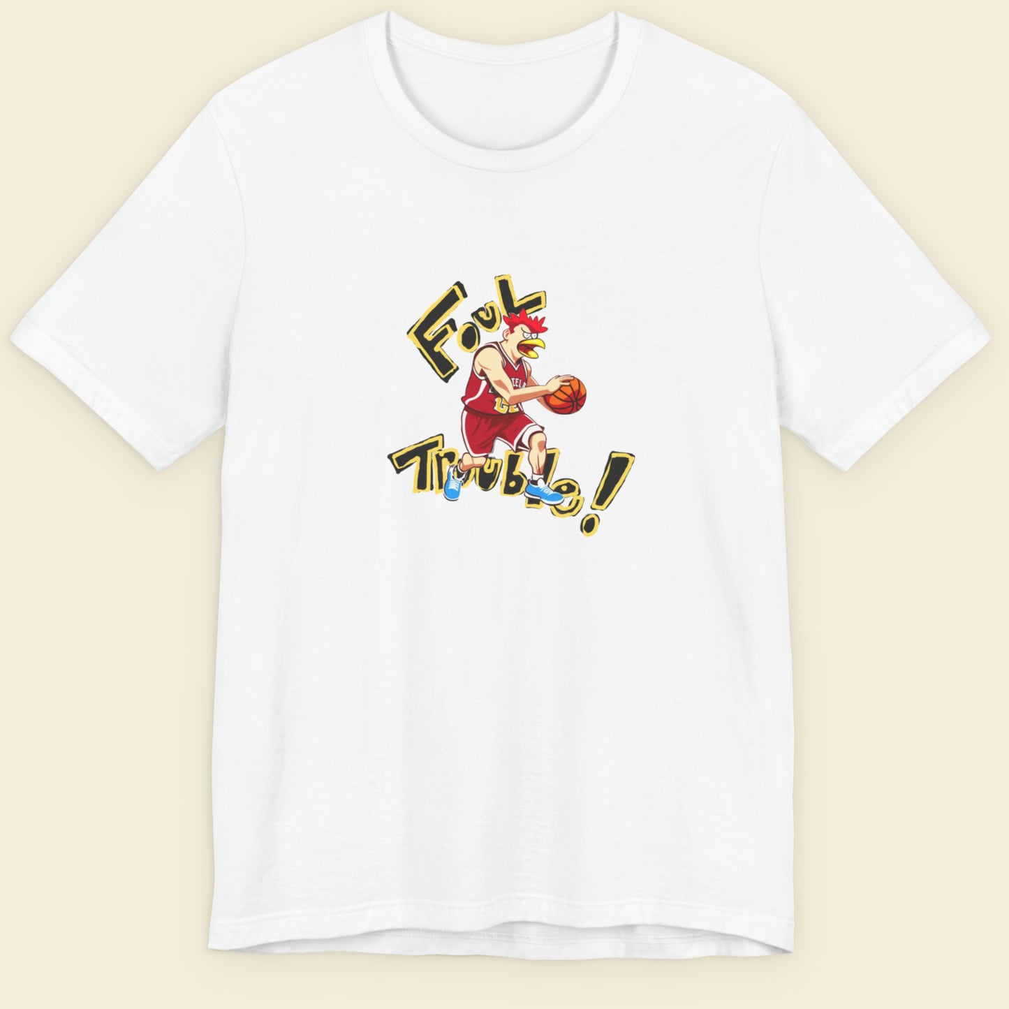 White t-shirt with a fun, colorful basketball cartoon illustration on a beige background.