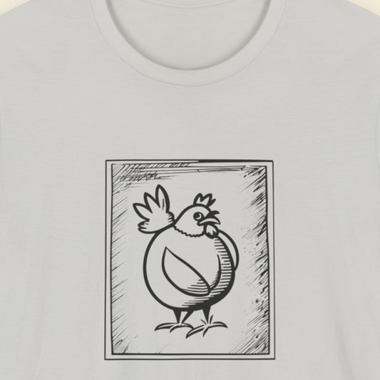 Light grey t-shirt with a framed drawing of a chicken.