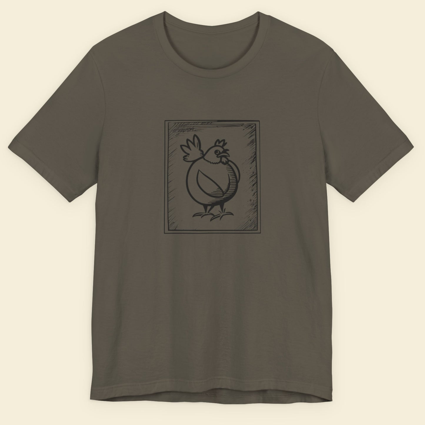 Army green t-shirt with a framed drawing of a chicken.