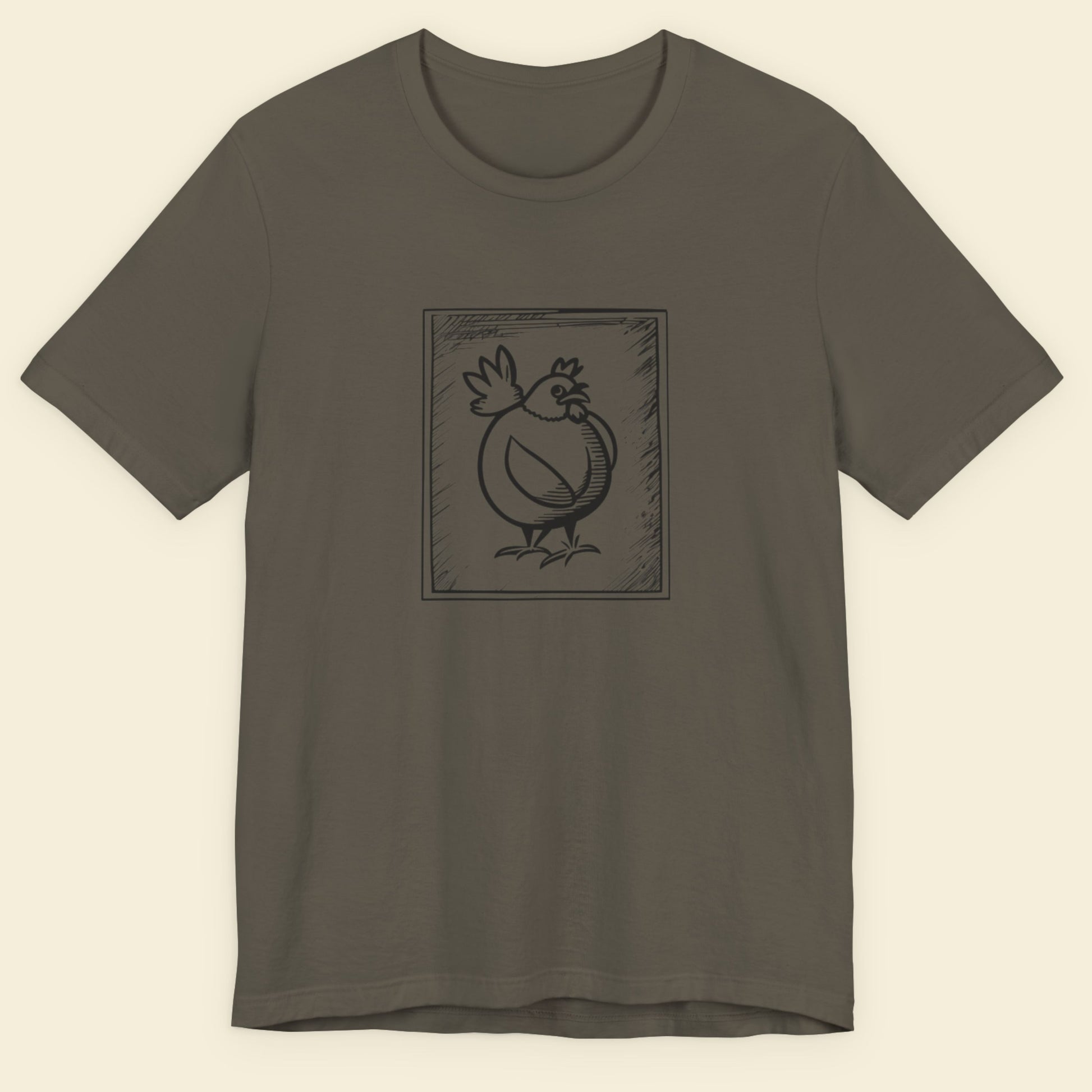 Army green t-shirt with a framed drawing of a chicken.