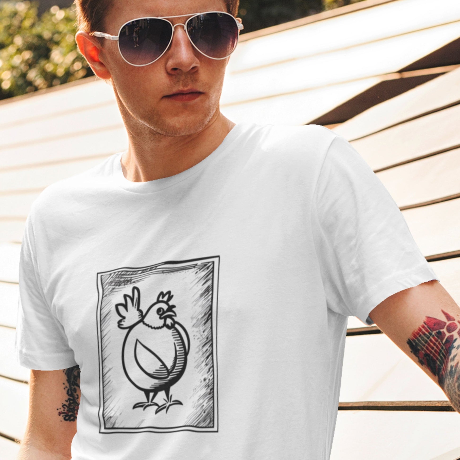 Cool guy wearing a white t-shirt with a framed drawing of a chicken.