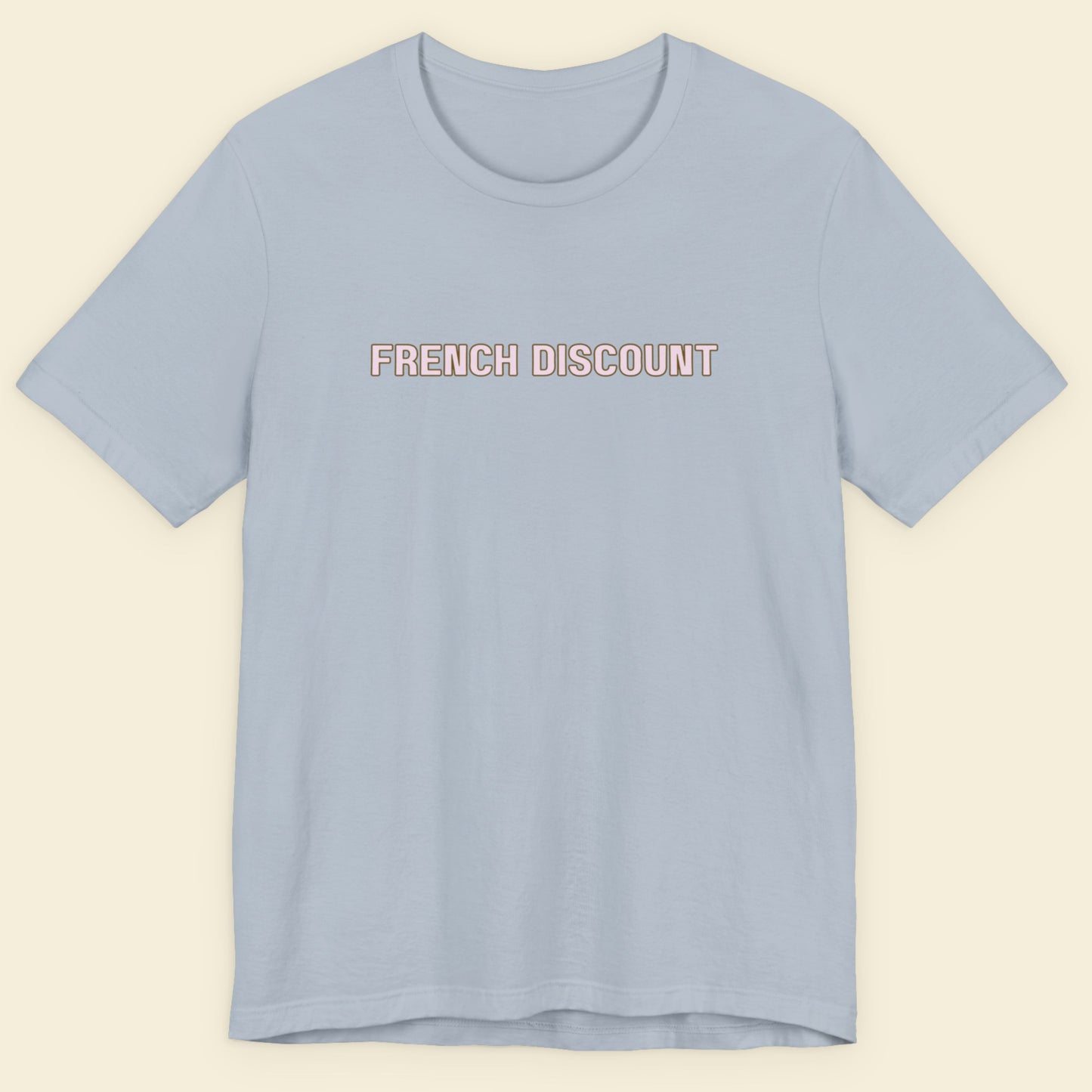 Light blue t-shirt with 'FRENCH DISCOUNT' text on a beige background.