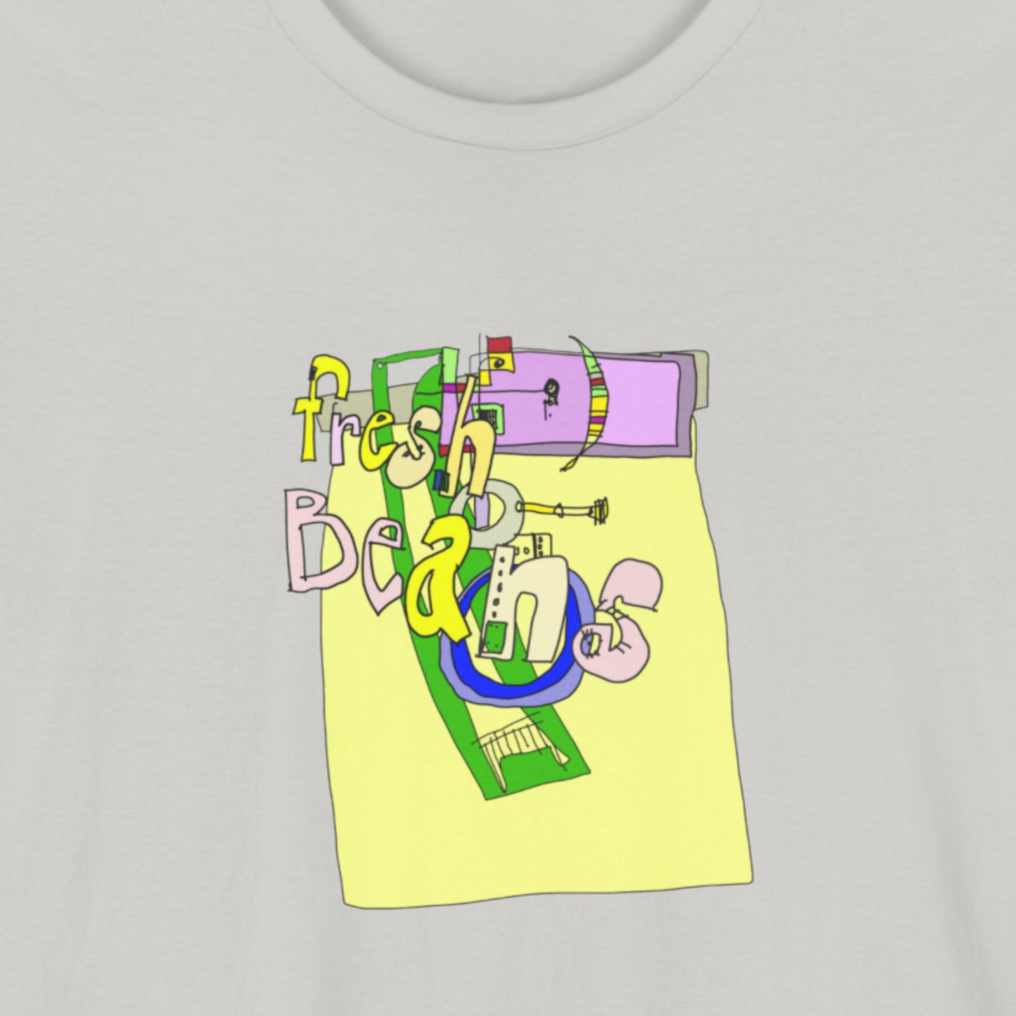Light grey t-shirt with a colorful abstract drawing on a beige background.