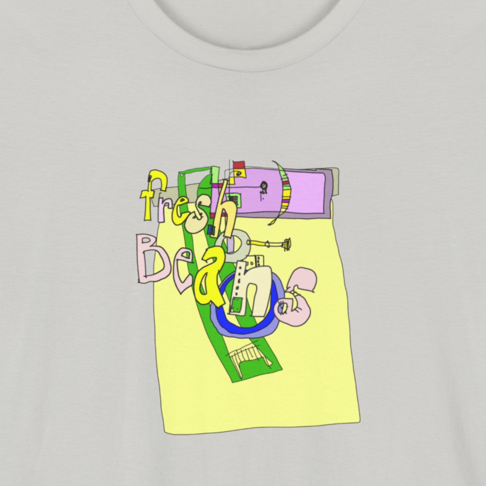 Light grey t-shirt with a colorful abstract drawing on a beige background.
