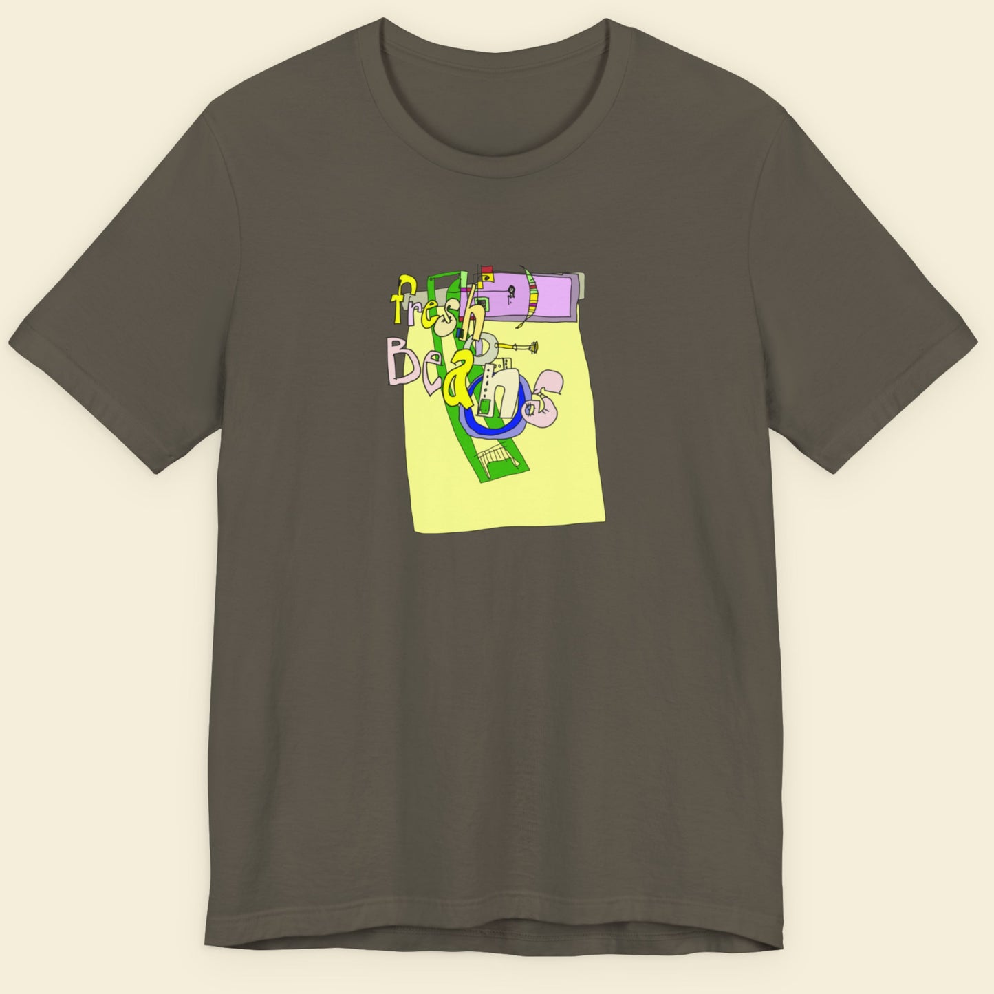 Army green t-shirt with a colorful abstract drawing on a beige background.