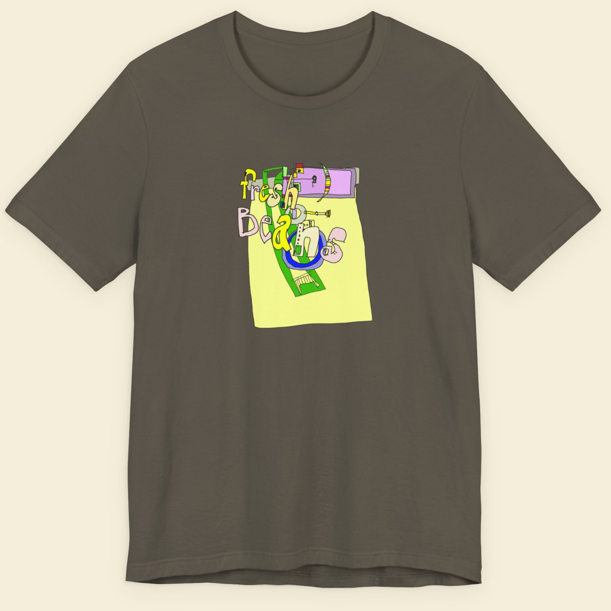 Army green t-shirt with a colorful abstract drawing on a beige background.