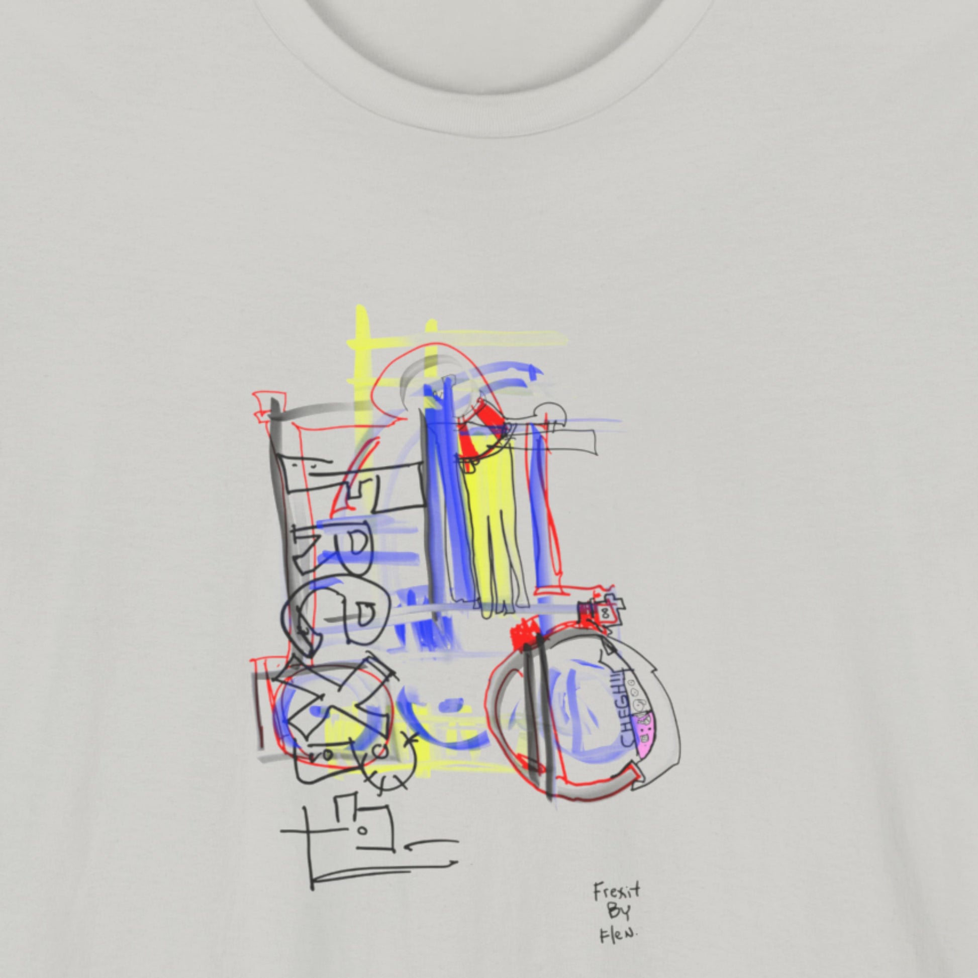 Light grey t-shirt with a colorful abstract drawing on a beige background.