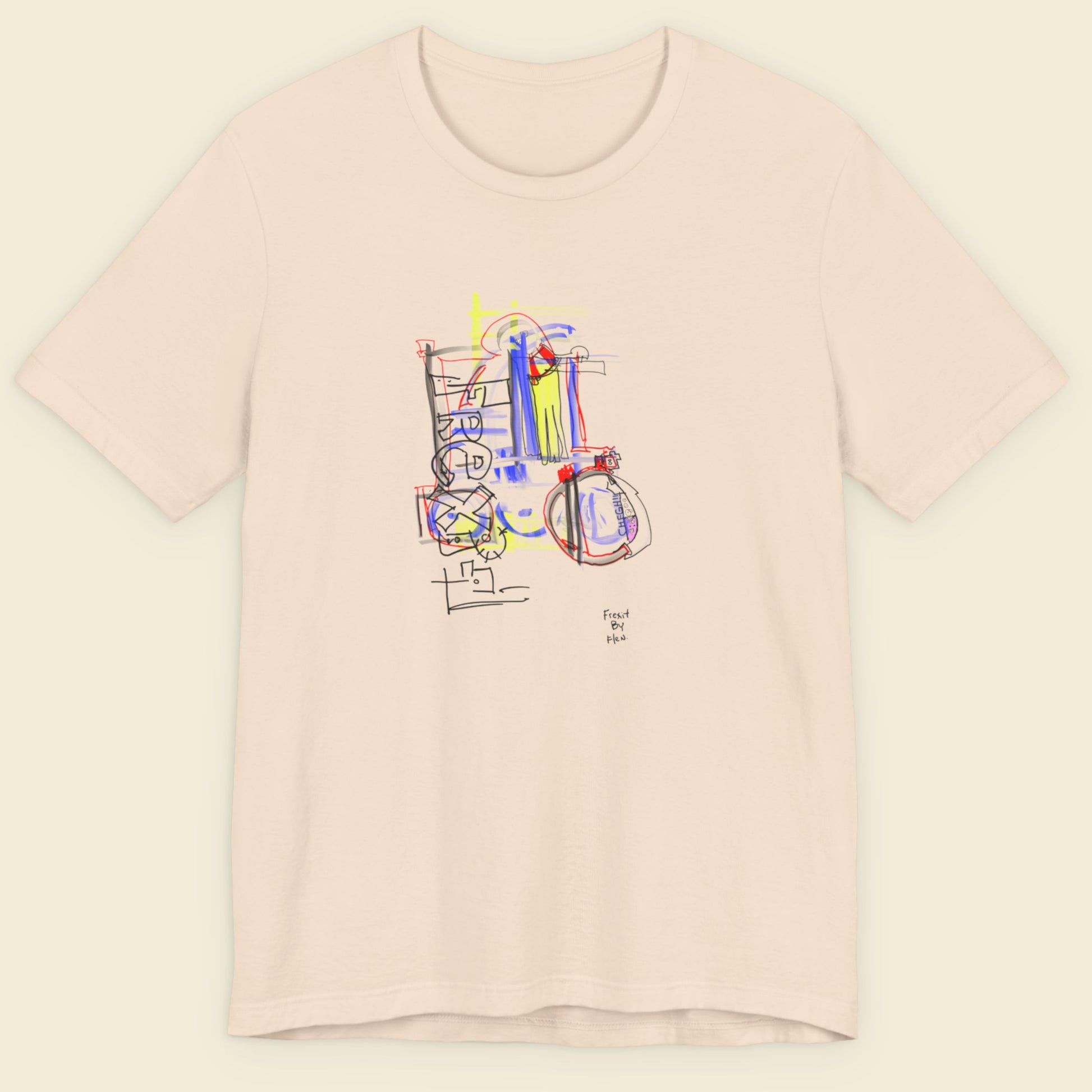 Cream colored t-shirt with a colorful abstract drawing on a beige background.