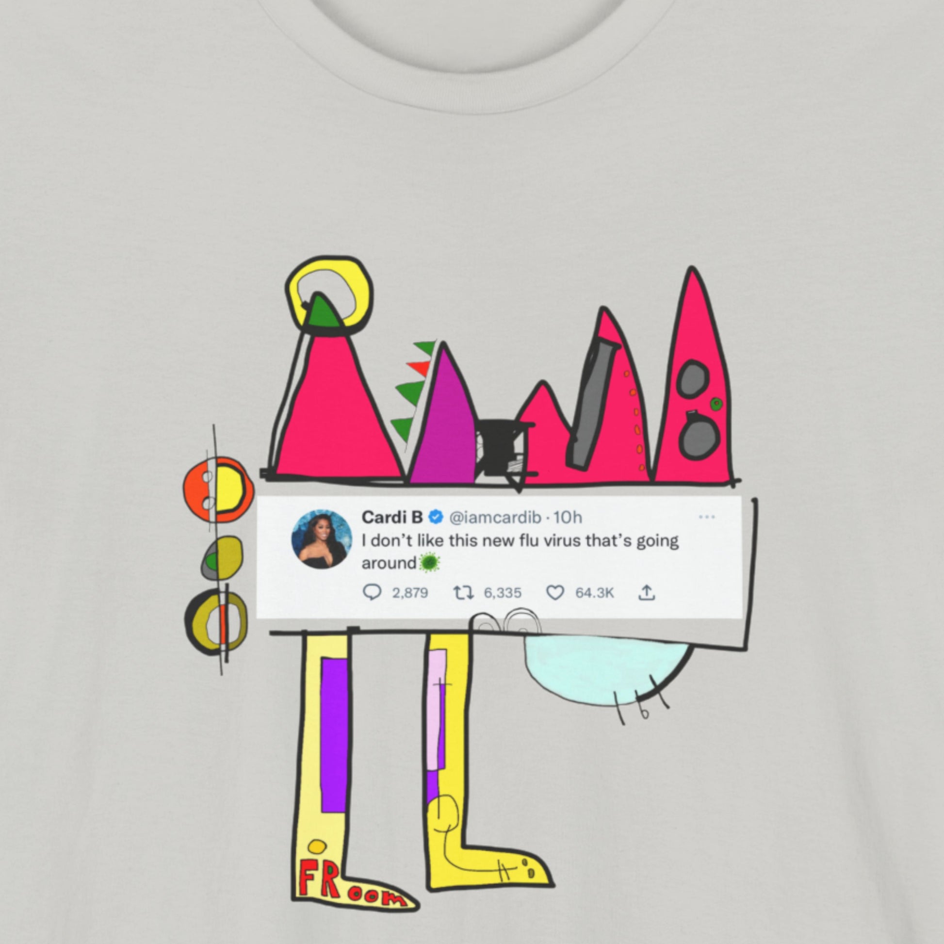 Colorful graphic of a tweet with a cartoon character on a light gray t-shirt.