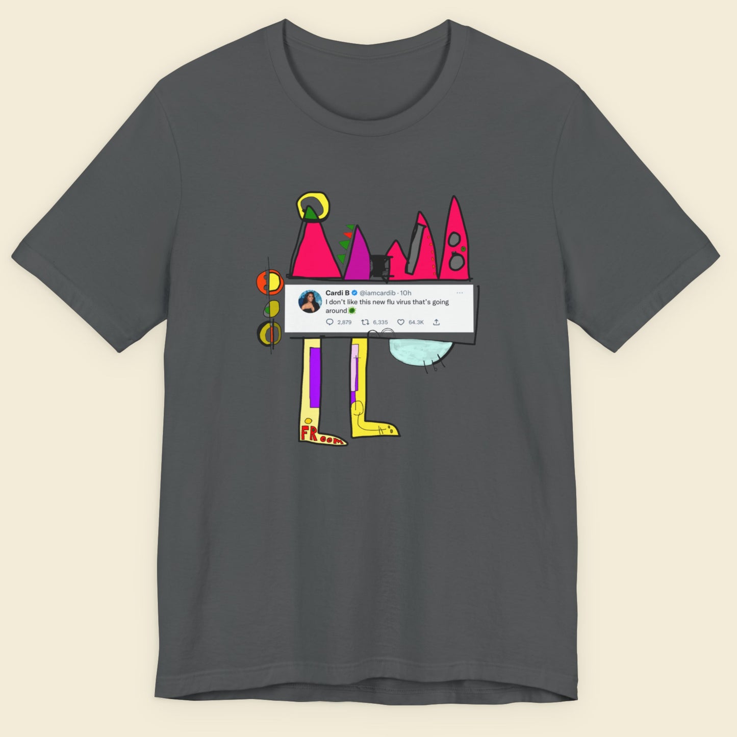 Dark gray t-shirt with a colorful robot graphic and text on a beige background.