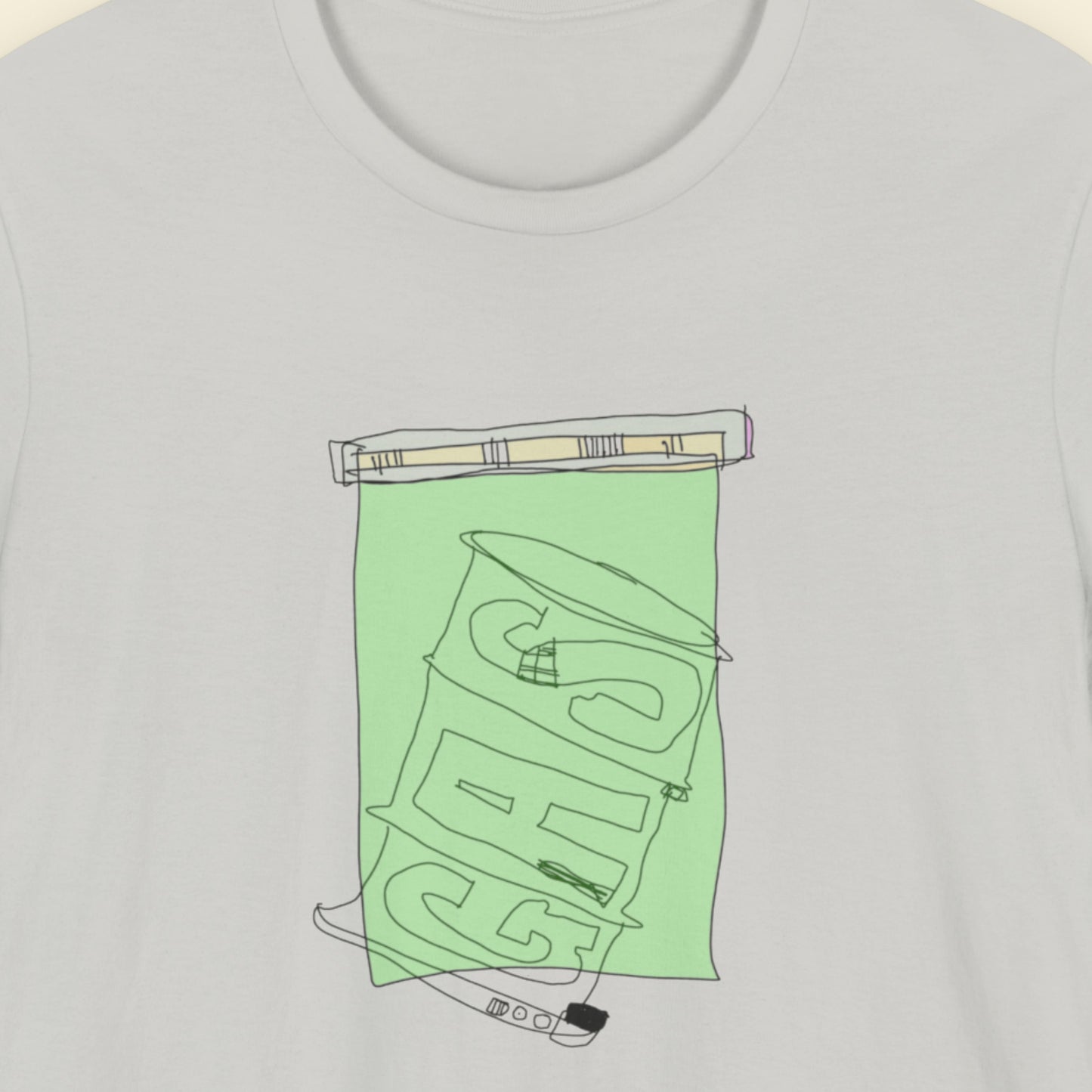 Light grey t-shirt with a colorful abstract drawing on a beige background.
