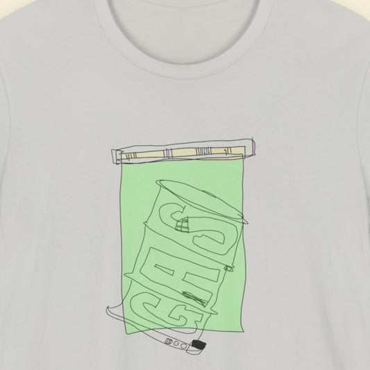 Light grey t-shirt with a colorful abstract drawing on a beige background.
