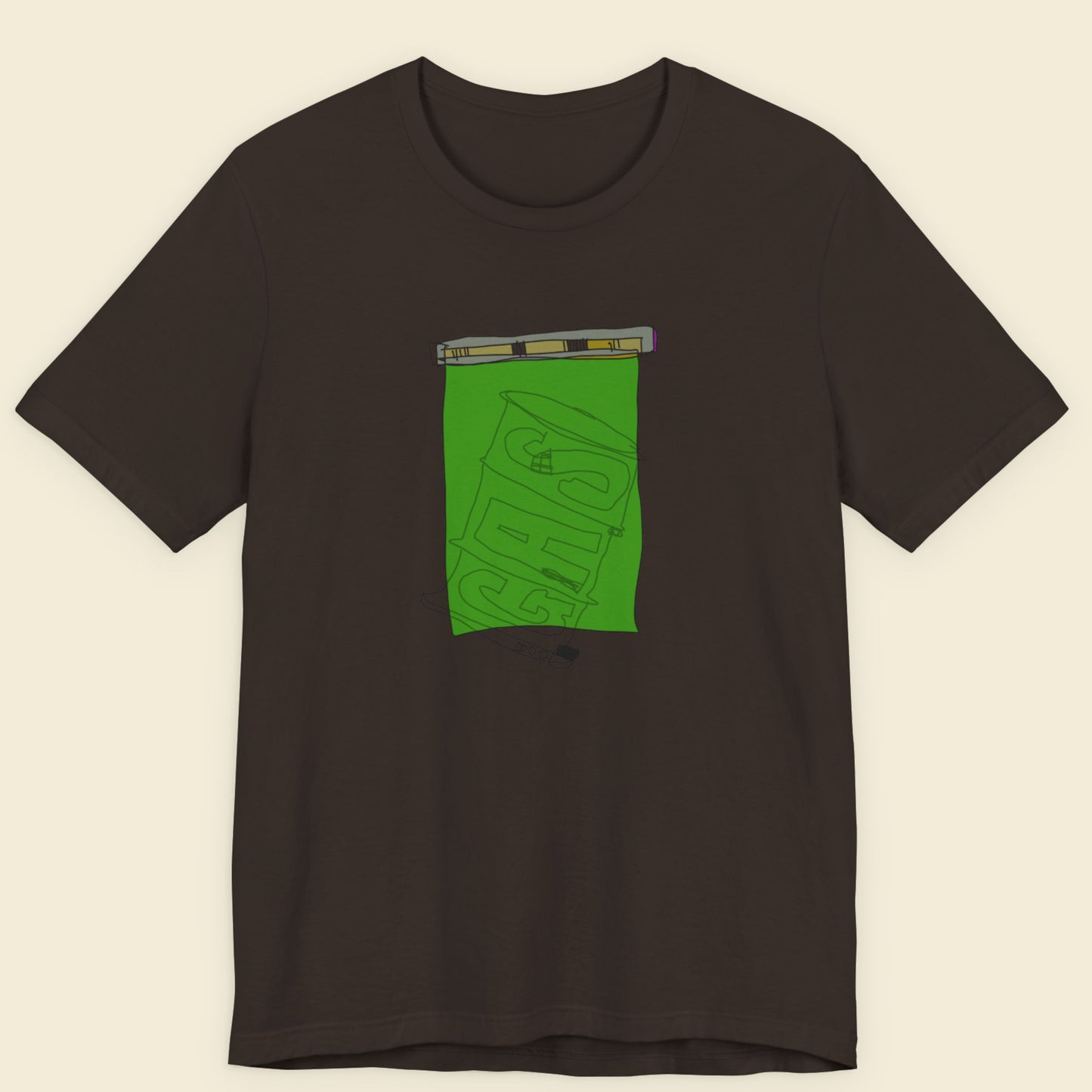 Brown t-shirt with a colorful abstract drawing on a beige background.