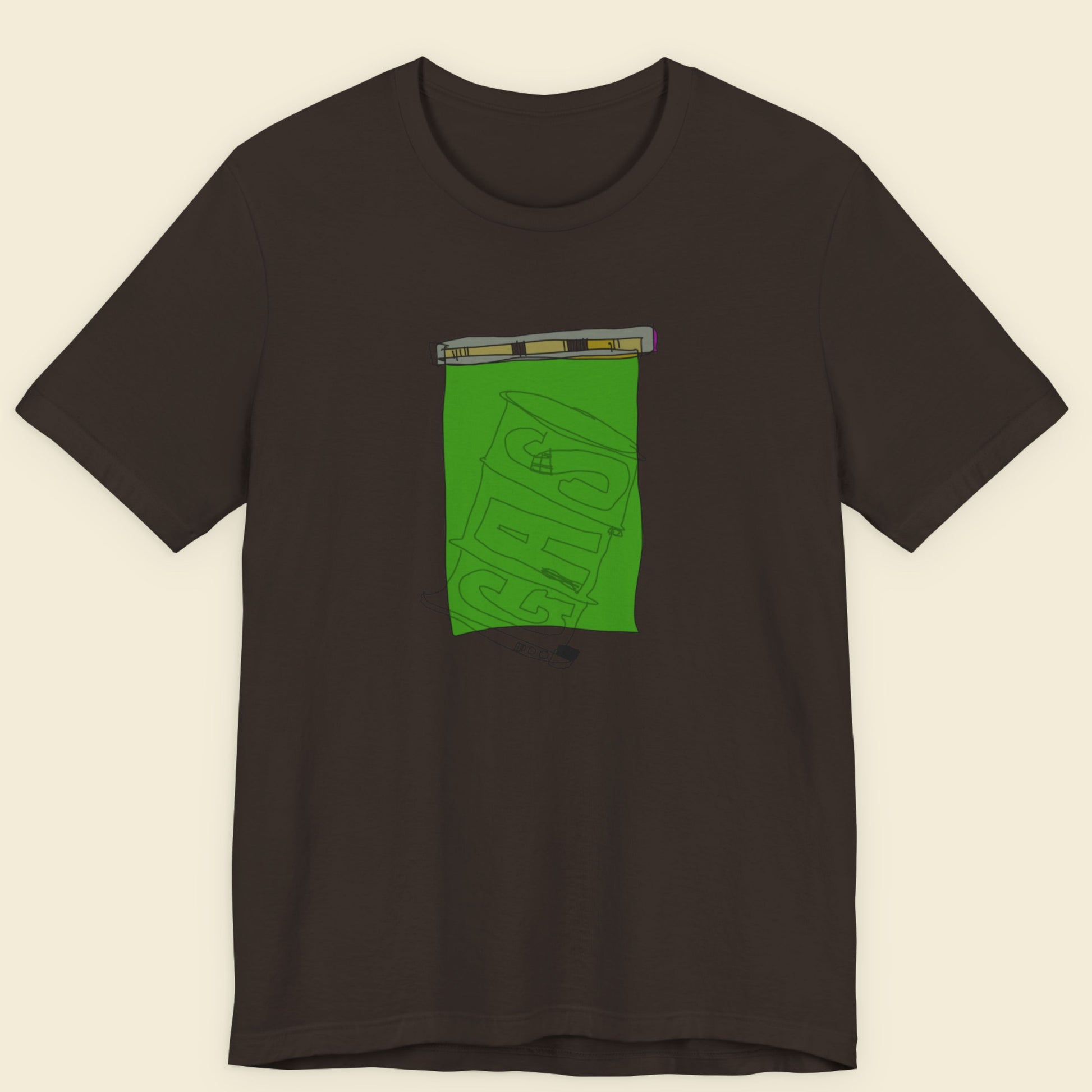 Brown t-shirt with a colorful abstract drawing on a beige background.