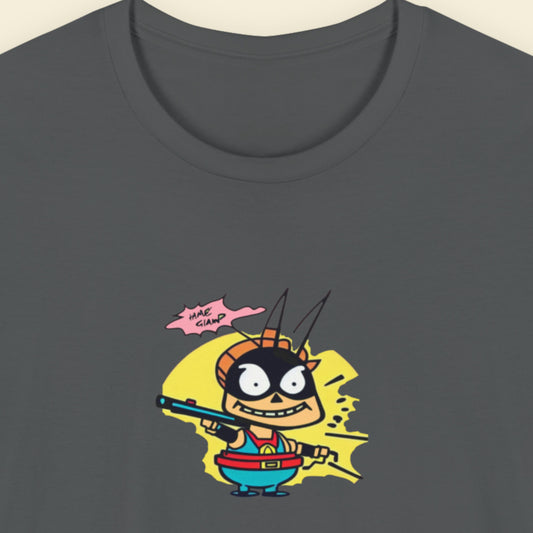 Grey t-shirt with a fun, cartoon illustration on a beige background.