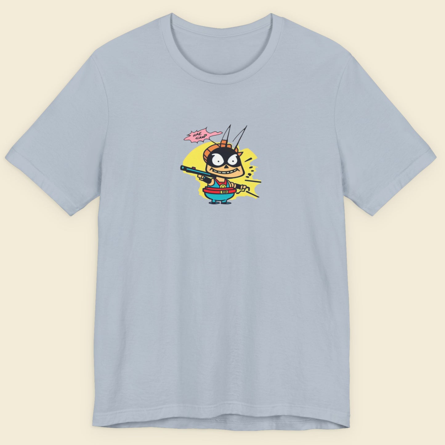 Blue t-shirt with a fun, cartoon illustration on a beige background.
