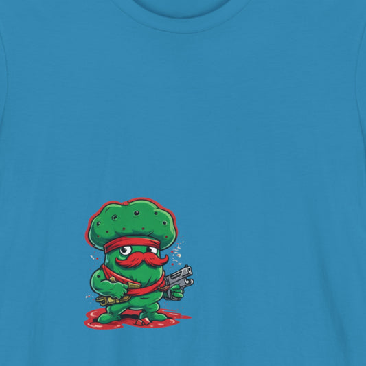 Aqua blue t-shirt featuring Glorff, cartoon tough guy.