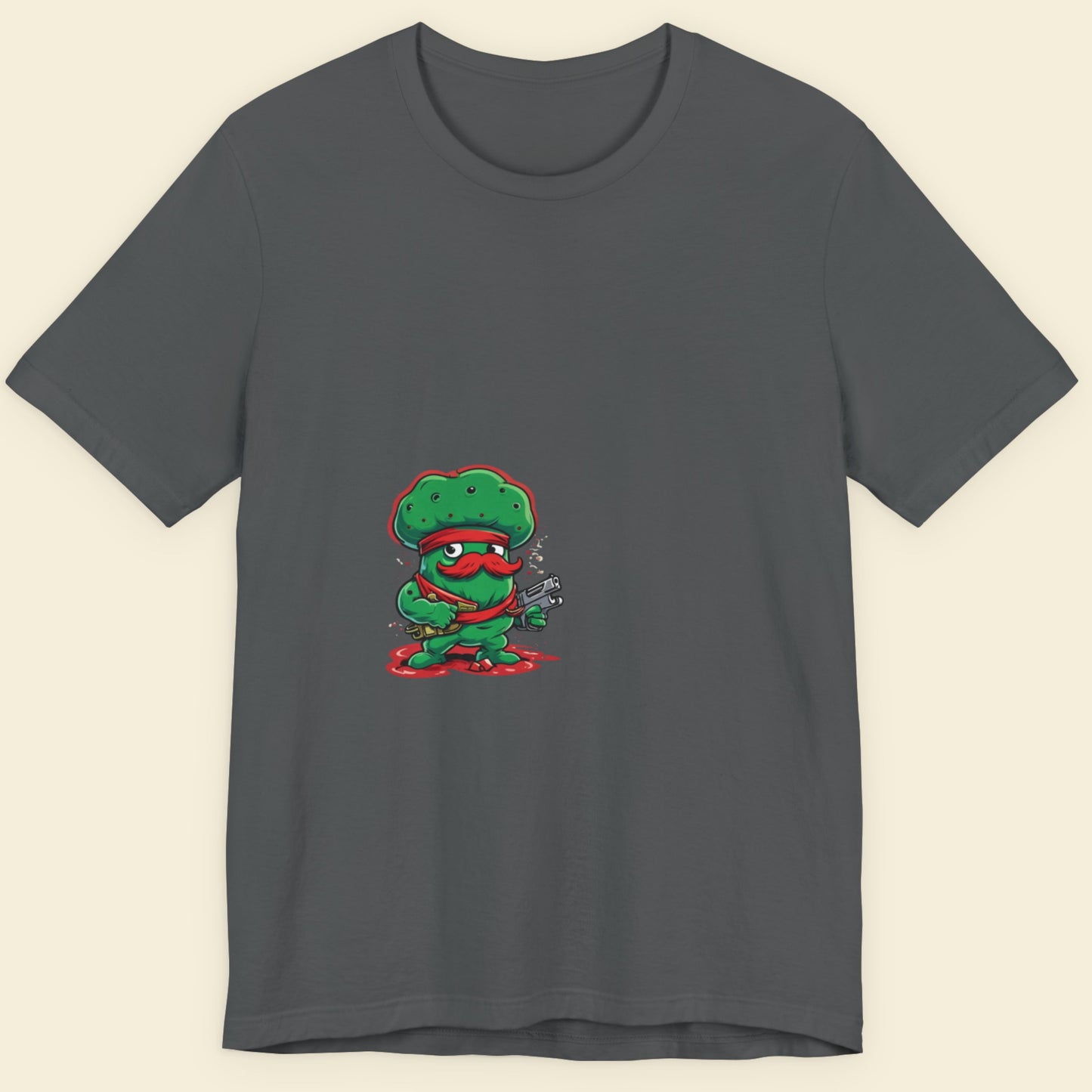 Grey t-shirt featuring Glorff, cartoon tough guy on a beige background.
