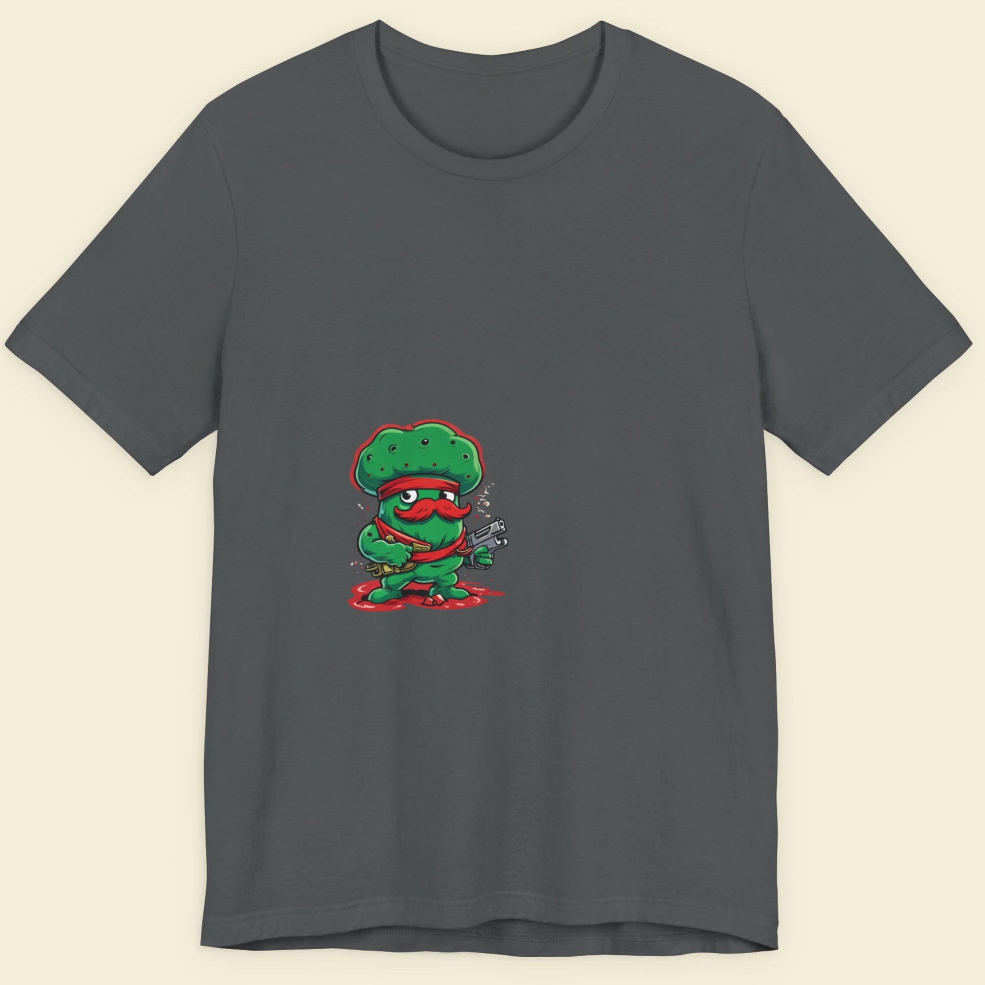 Grey t-shirt featuring Glorff, cartoon tough guy on a beige background.